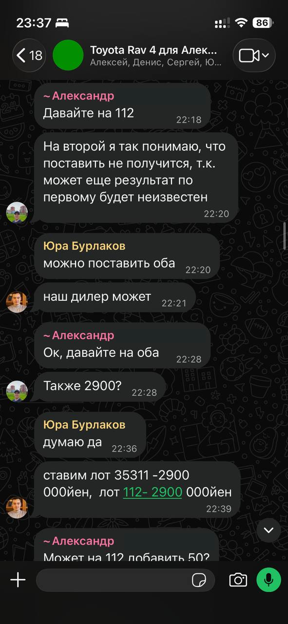 Согласие Александра на ставки по обоим лотам 112 и 35311